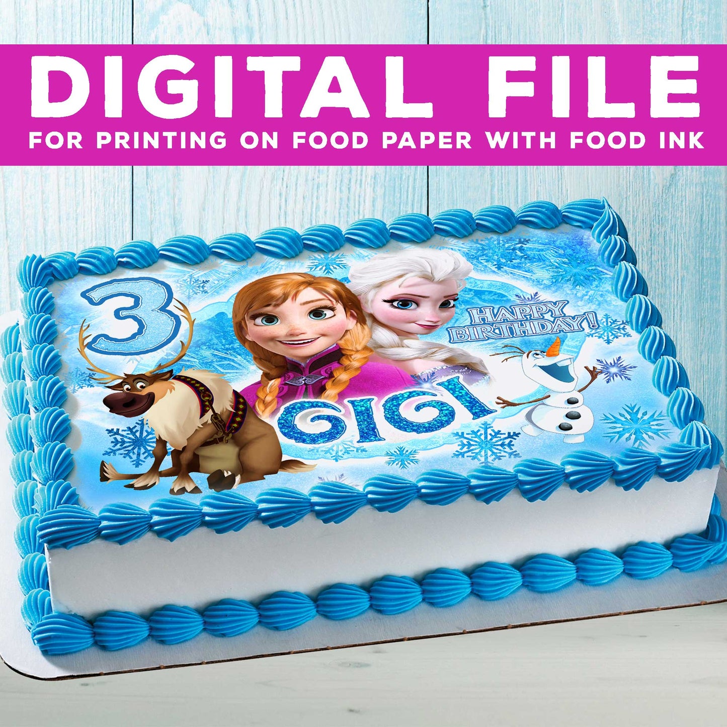 Jedlý dort s motivem Frozen Birthday – obdélníkový design – oplatkový papír, cukr, čokotransfer