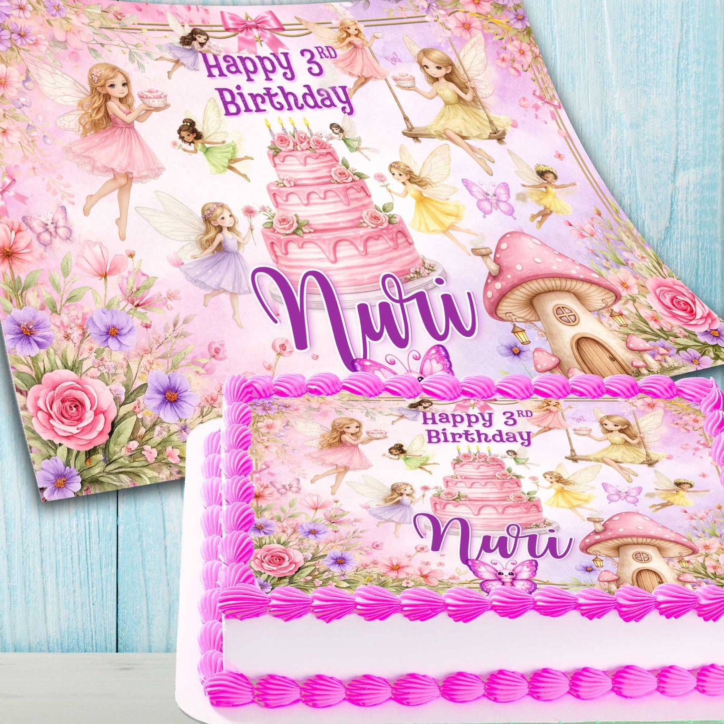 Personalized fairy cake topper with pastel colors and magical details