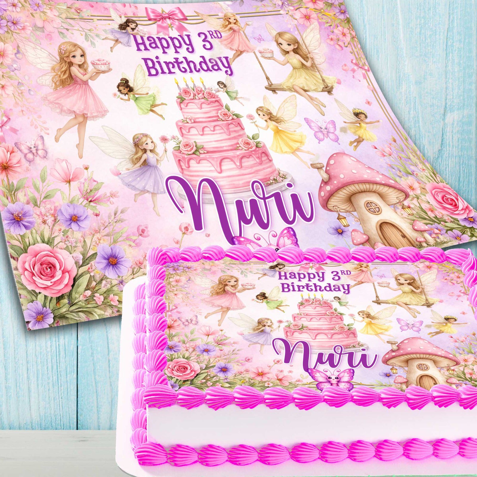 Personalized fairy cake topper with pastel colors and magical details