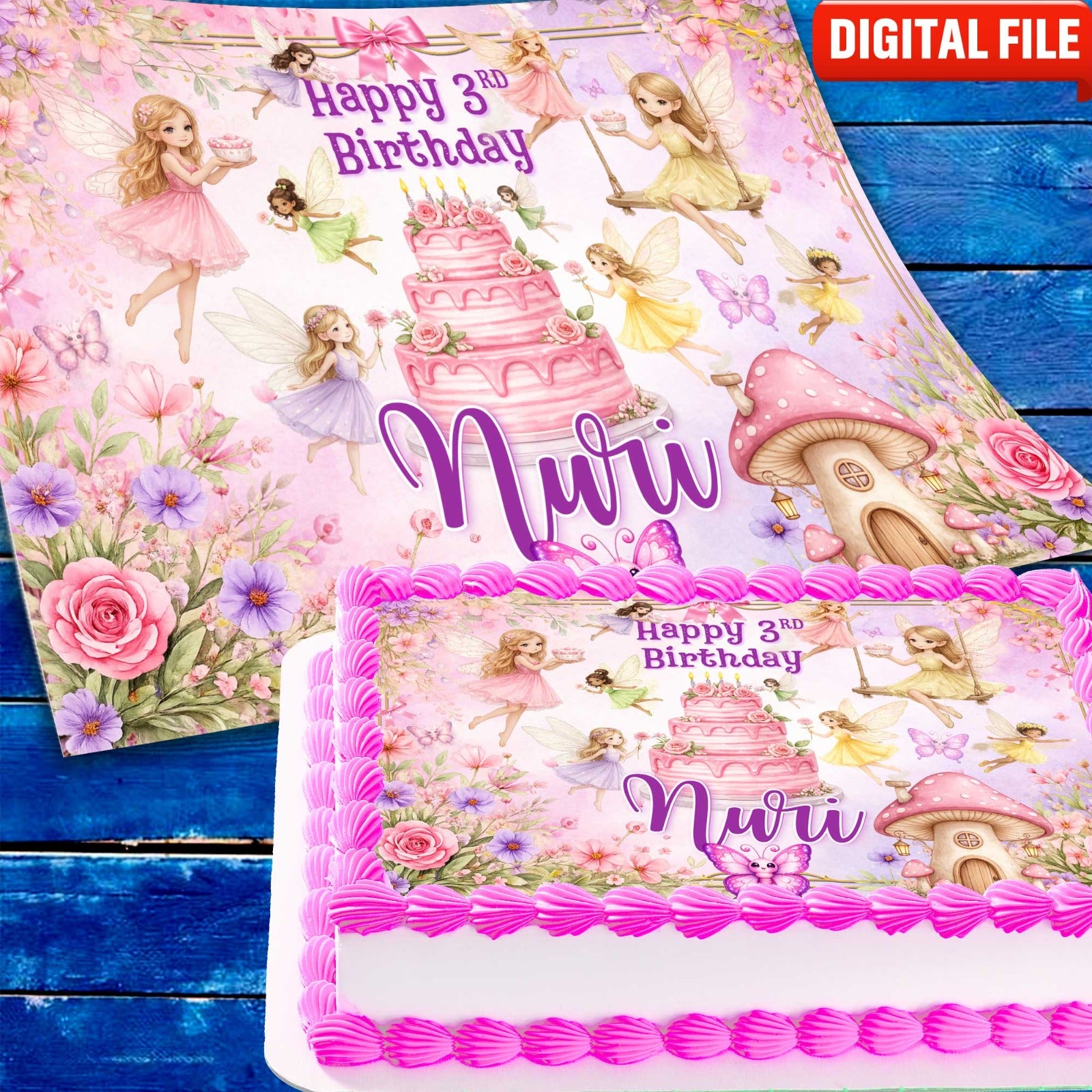 Fairy themed edible cake topper design for girls birthday party
