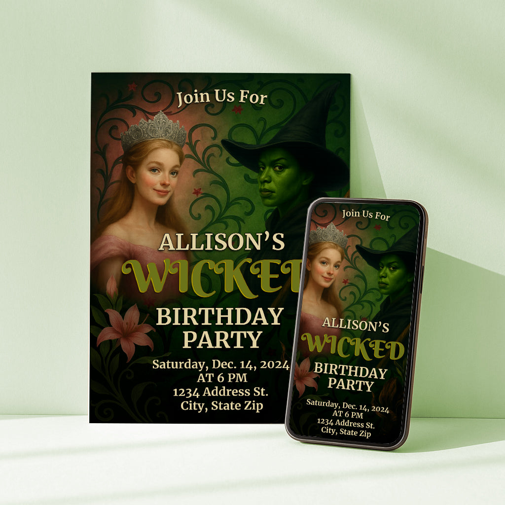 Magical green witch birthday invitation Canva template for kids and fantasy themed parties