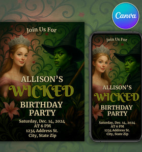 Fantasy witch birthday invitation editable Canva template with magical green party design