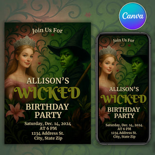 Fantasy witch birthday invitation editable Canva template with magical green party design