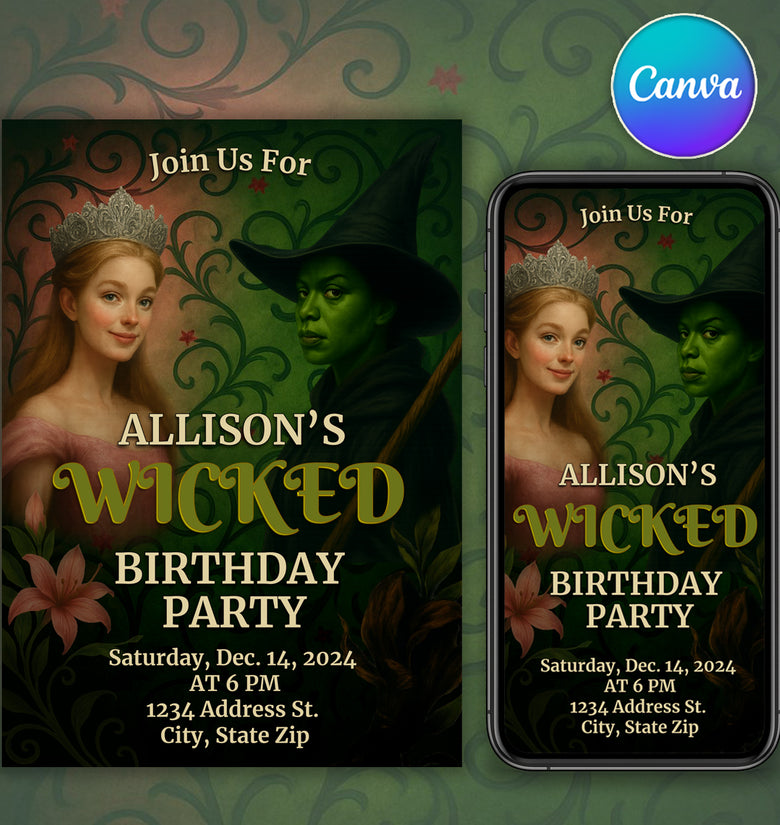 Fantasy witch birthday invitation editable Canva template with magical green party design