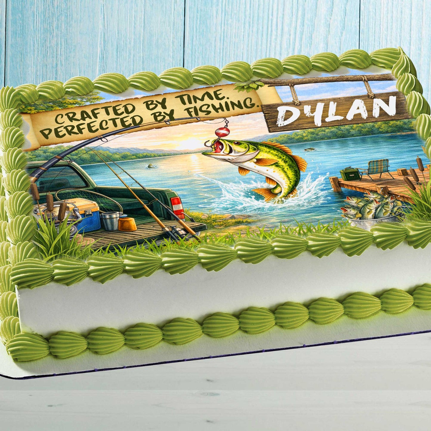 Personalized Fishing Birthday Cake Topper on Rectangular Cake – Lake Scene with Jumping Bass and Name