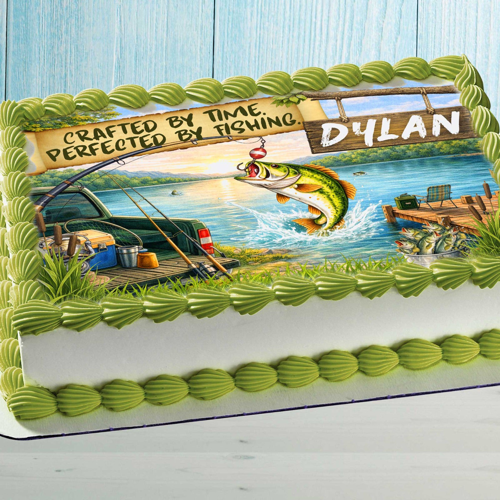 Personalized Fishing Birthday Cake Topper on Rectangular Cake – Lake Scene with Jumping Bass and Name