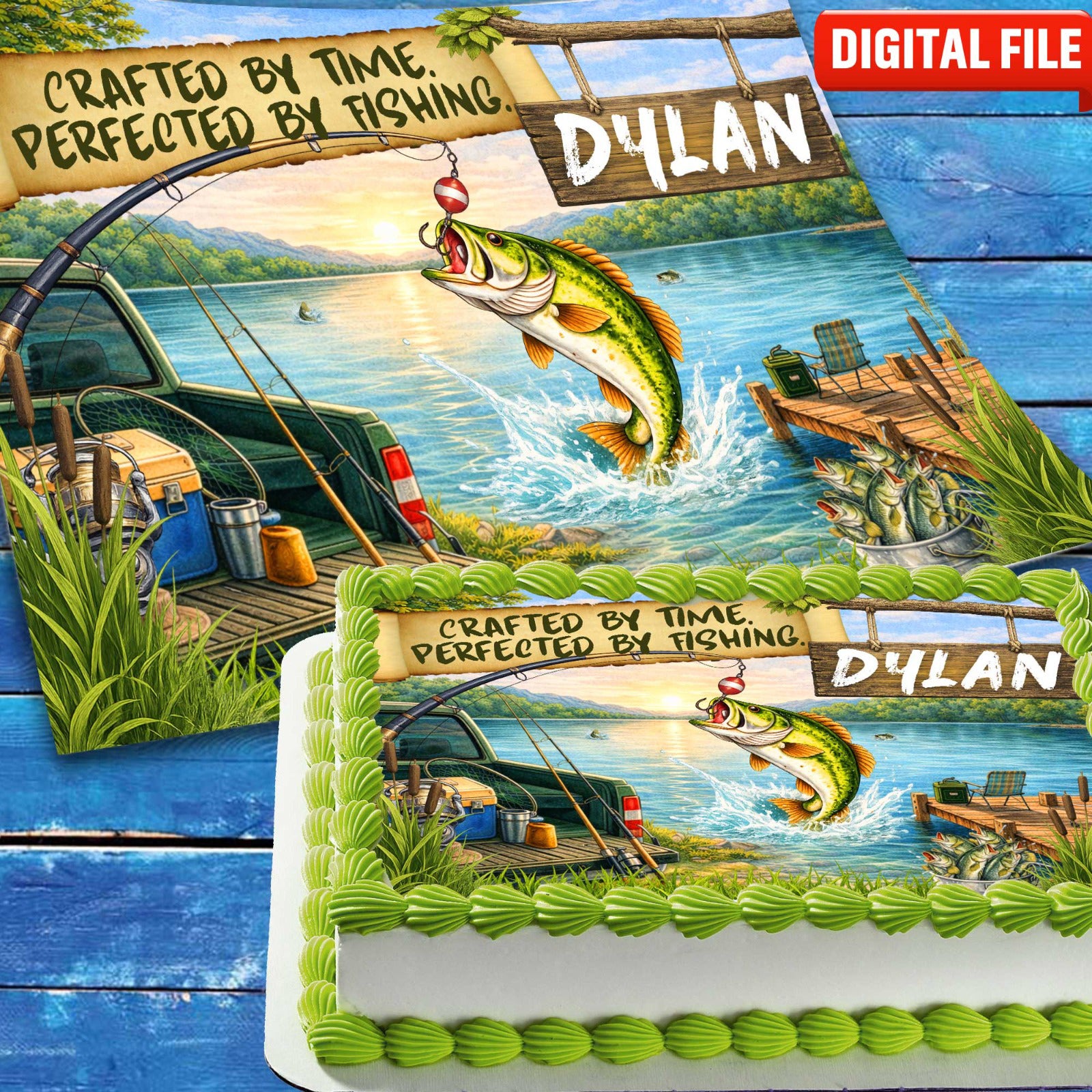 Fishing Birthday cake topper digital file – custom name and age for birthday cake