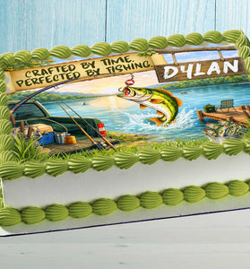 Personalized Fishing Birthday Cake Topper on Rectangular Cake – Lake Scene with Jumping Bass and Name