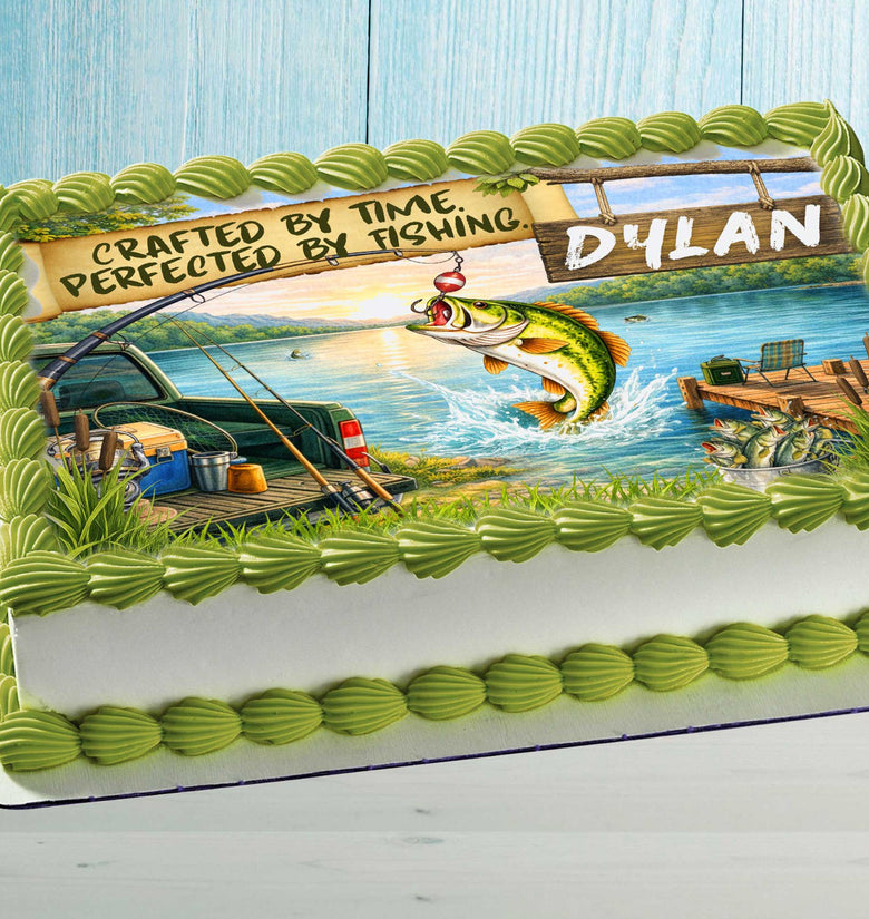 Personalized Fishing Birthday Cake Topper on Rectangular Cake – Lake Scene with Jumping Bass and Name