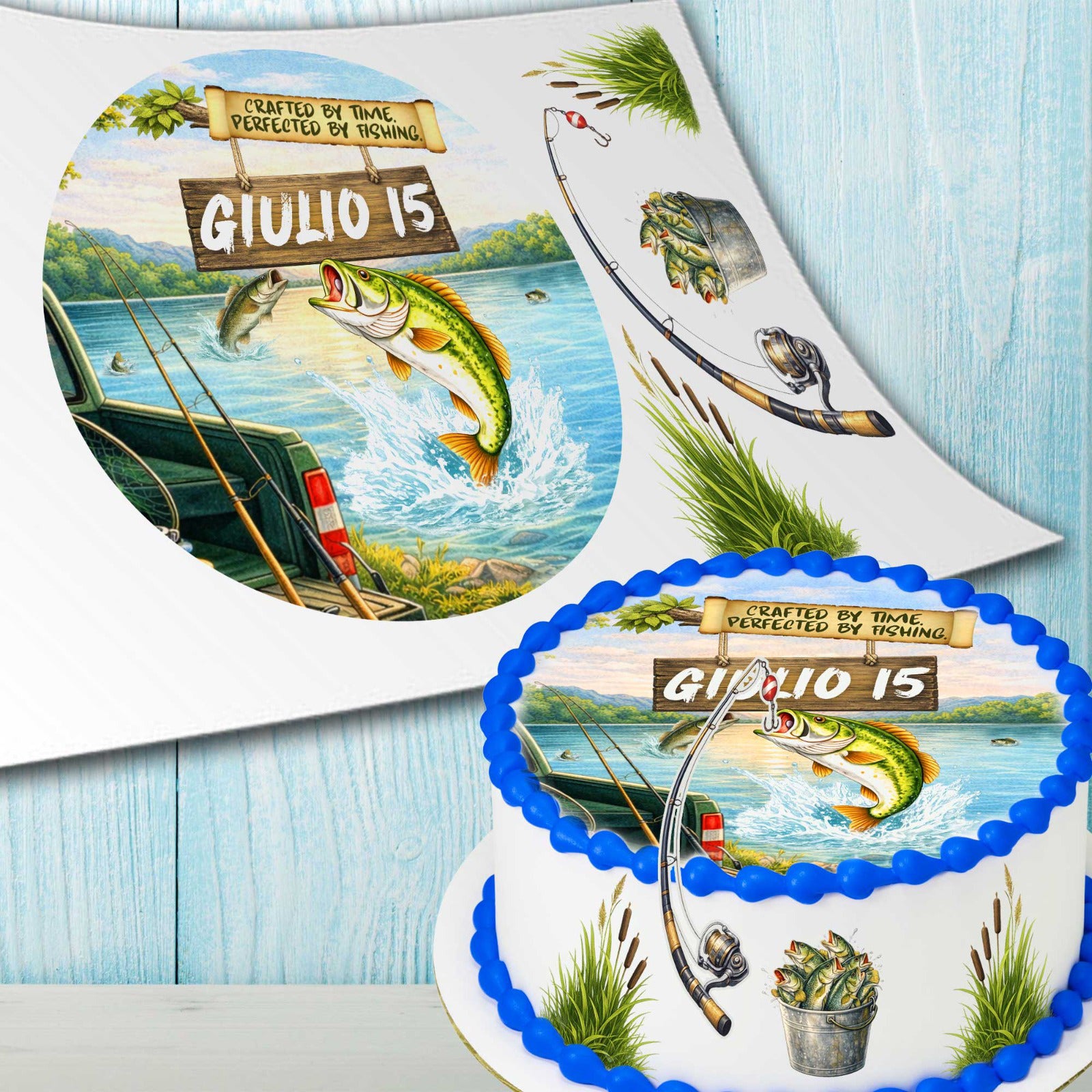 Fishing birthday edible topper print sheet showing set of 5 precut personalized images