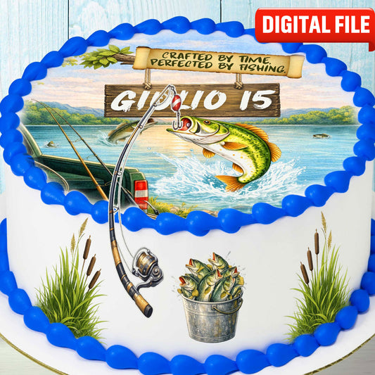 Fishing cake topper digital file – custom name and age for birthday cake