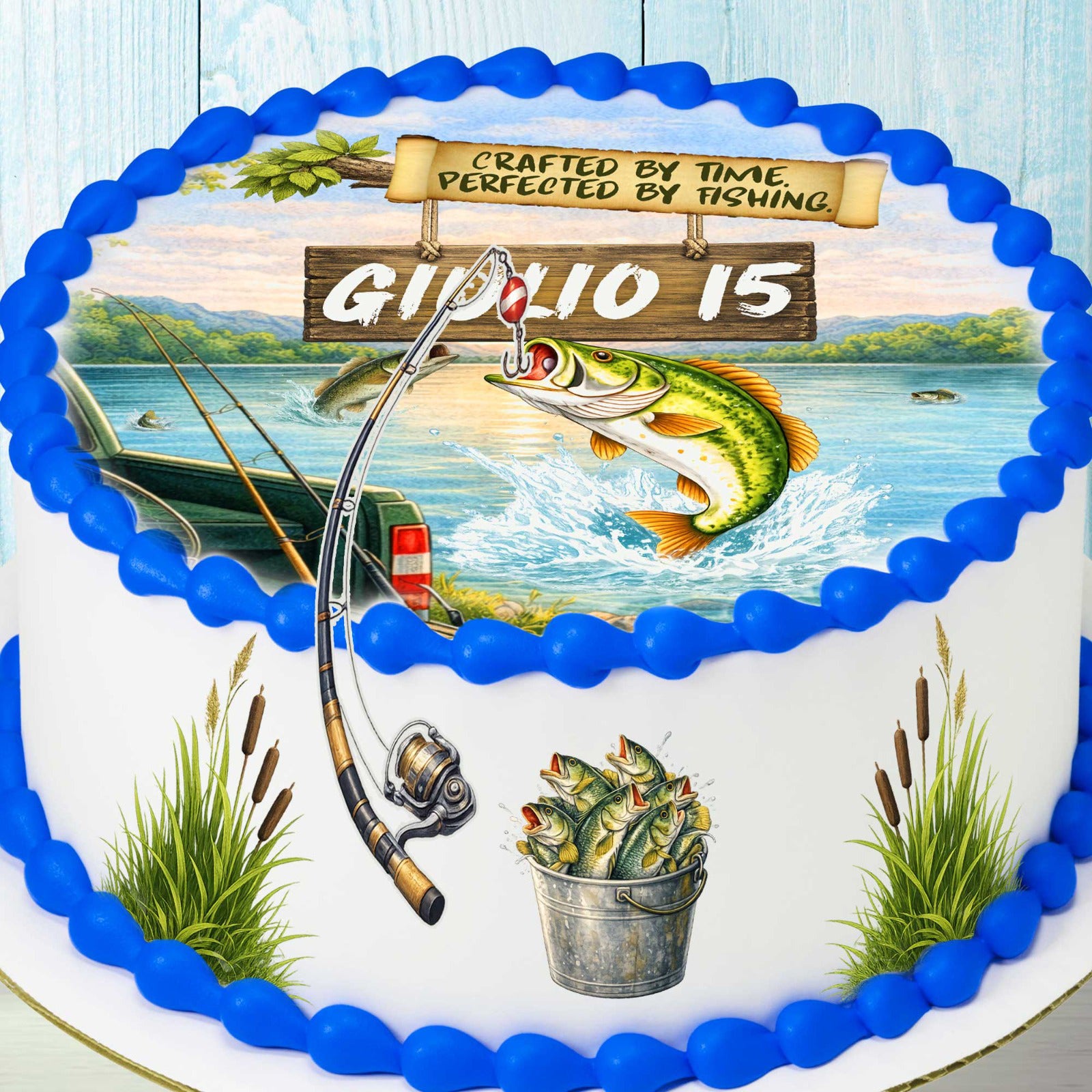 Personalized fishing cake toppers set of 5 edible images with name for lake birthday party