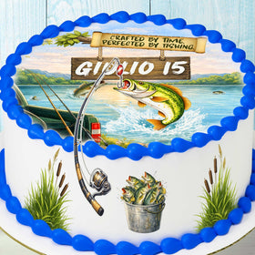 Personalized fishing cake toppers set of 5 edible images with name for lake birthday party
