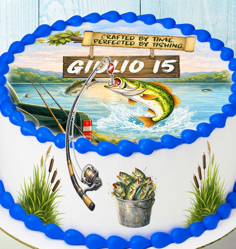 Personalized fishing cake toppers set of 5 edible images with name for lake birthday party