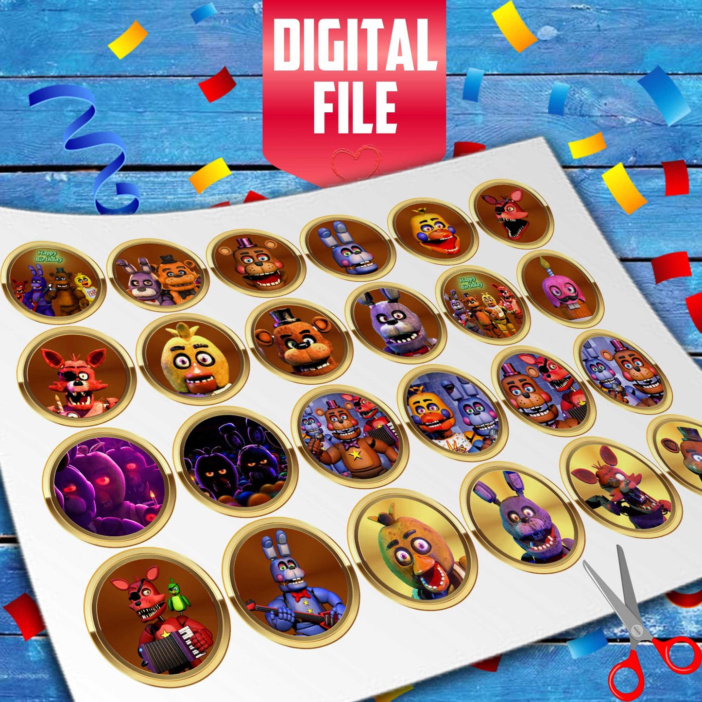 24 Five Nights at Freddy's Edible Cupcake Toppers - Choose from Wafer Paper, Sugar Sheet, or Chocotransfer with No Cutting Required