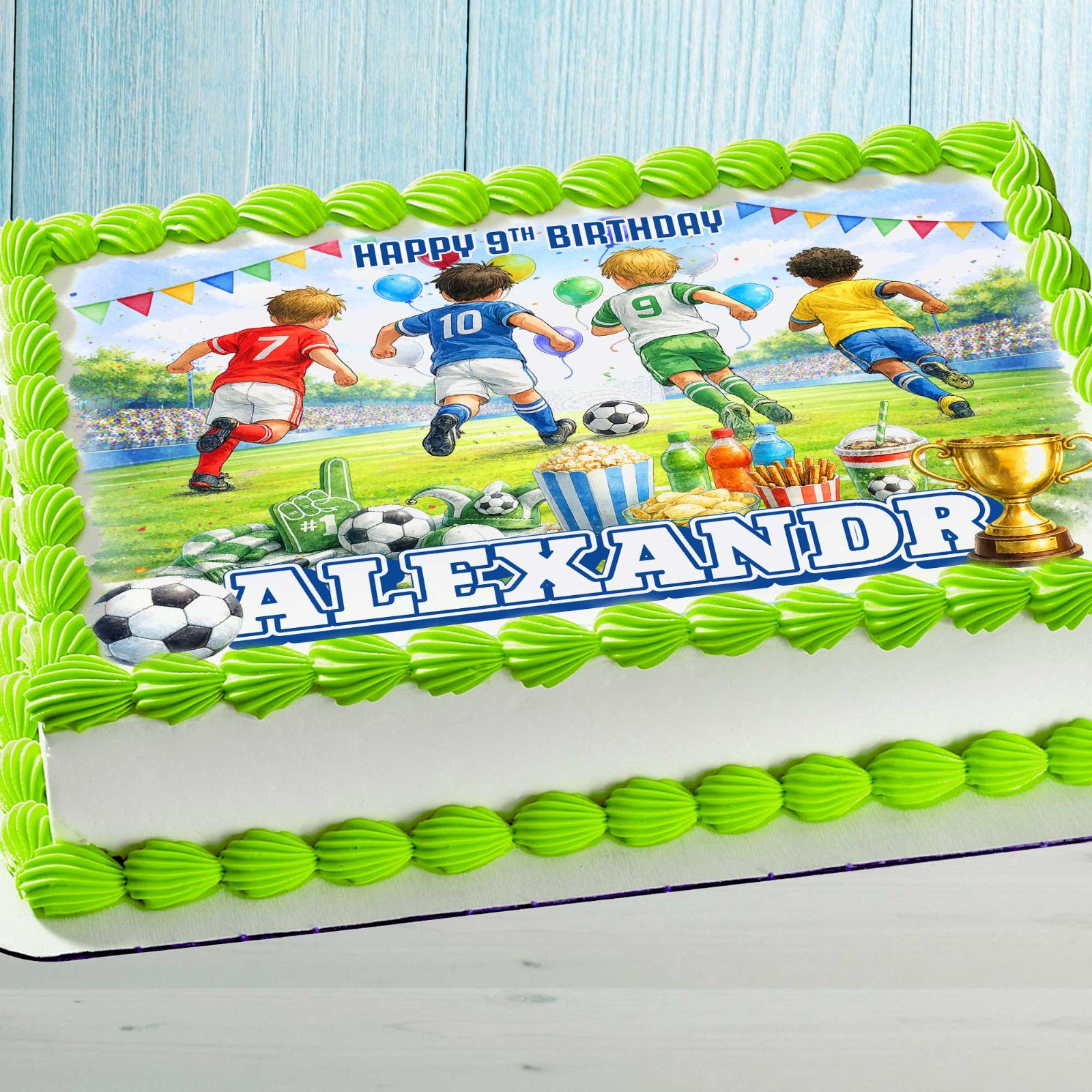 Football birthday cake topper with soccer design and personalized name and age on rectangular kids birthday cake
