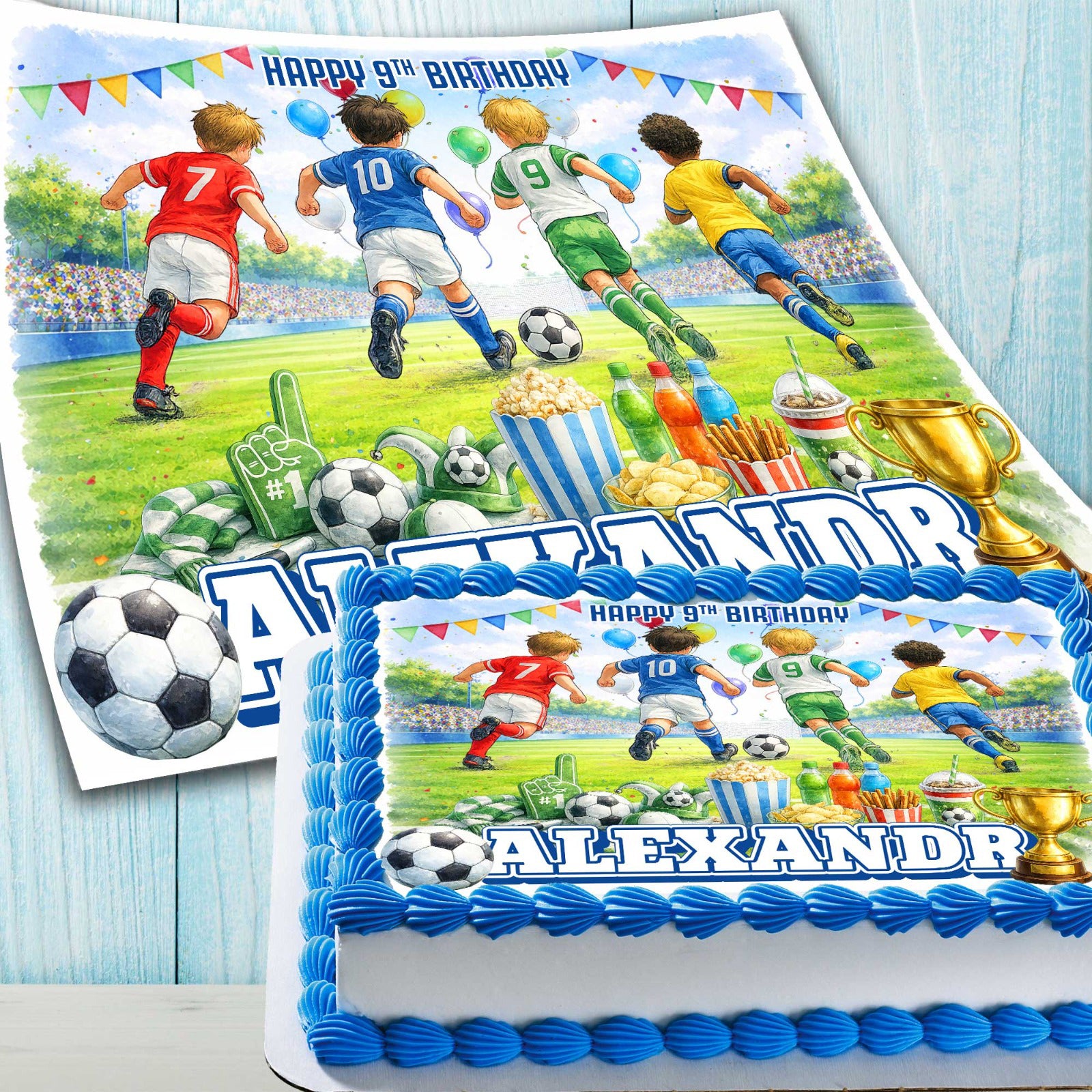 Personalized football edible cake topper with soccer theme printed on wafer paper with name and age
