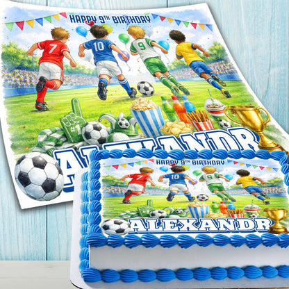 Personalized football edible cake topper with soccer theme printed on wafer paper with name and age
