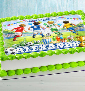 Football birthday cake topper with soccer design and personalized name and age on rectangular kids birthday cake
