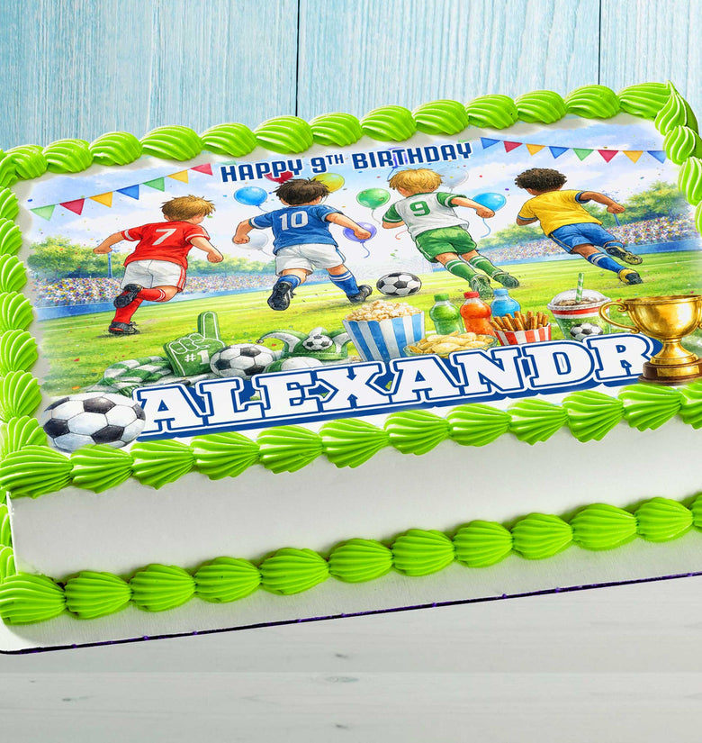 Football birthday cake topper with soccer design and personalized name and age on rectangular kids birthday cake
