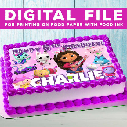 Gabbys dollhouse Birthday Themed Edible Cake Topper - Rectangular Design - Wafer Paper, Sugar Sheet, Chocotransfer