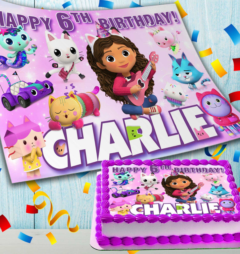 Gabbys dollhouse Birthday Themed Edible Cake Topper - Rectangular Design - Wafer Paper, Sugar Sheet, Chocotransfer
