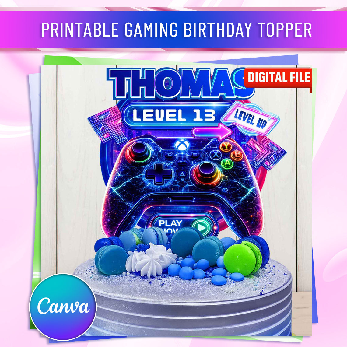 Printable gaming birthday cake topper digital file, Level Unlocked design with name and age, Canva editable template