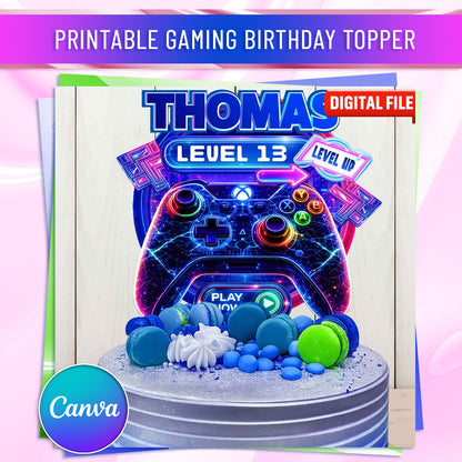 Printable gaming birthday cake topper digital file, Level Unlocked design with name and age, Canva editable template