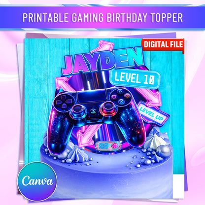 Gaming birthday topper design with controller, level up text and colorful party background