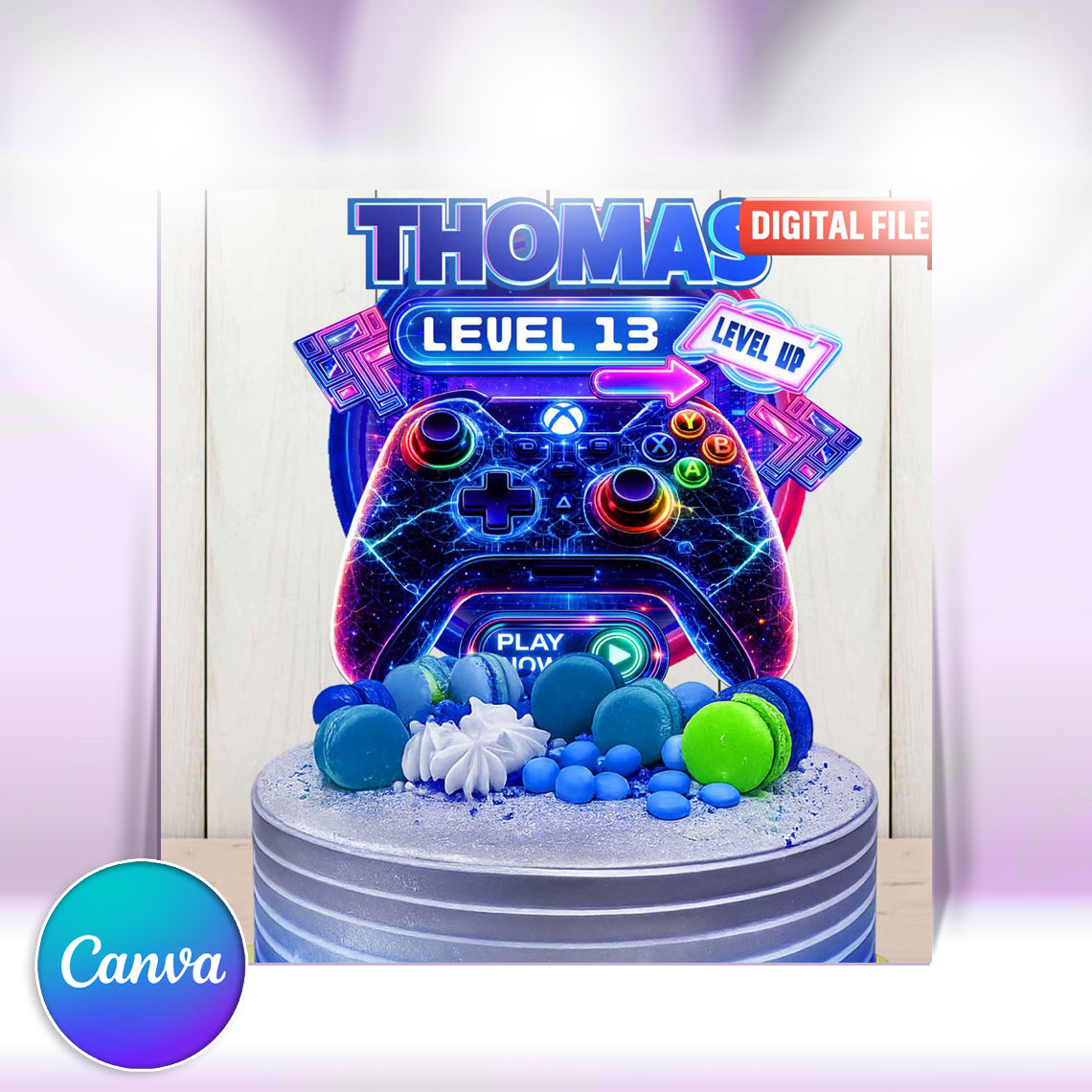 Editable Canva gaming cake topper template, digital DIY file with level unlocked controller design