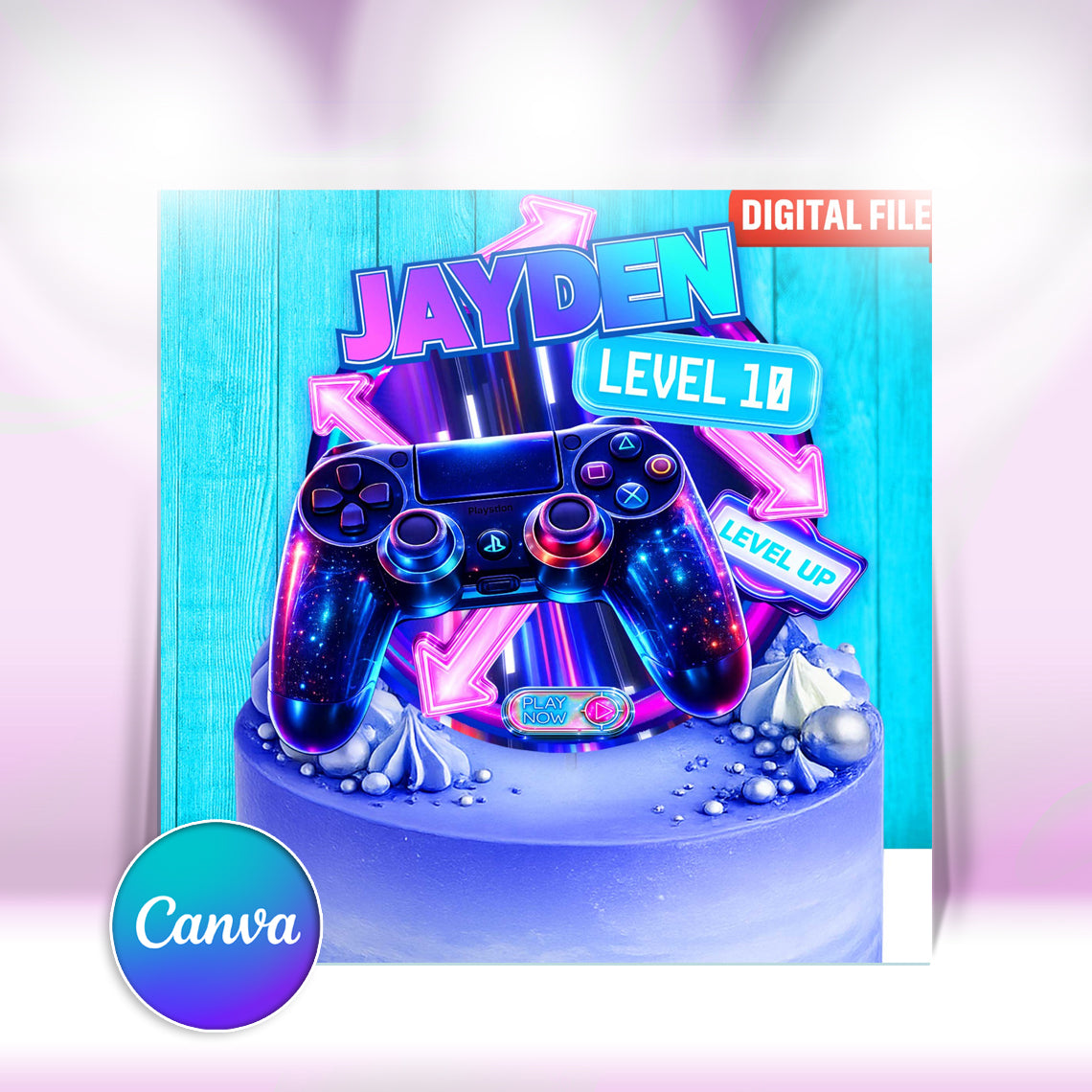 Personalized level up gaming cake topper with name and age, neon controller party decor
