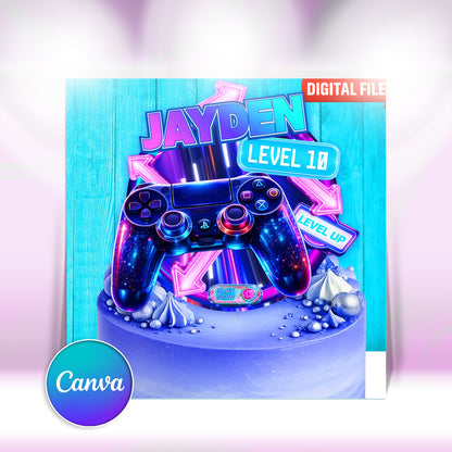 Personalized level up gaming cake topper with name and age, neon controller party decor
