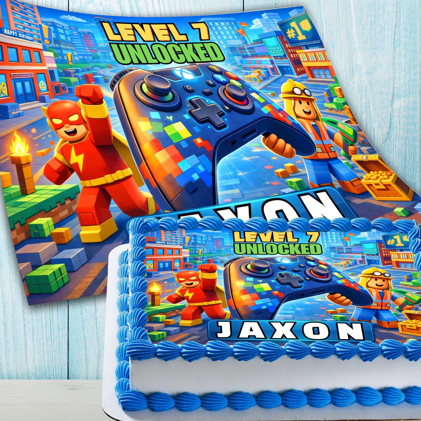 Printable gaming birthday cake topper template, digital file for kids birthday cake, game controller theme with bright pixel style