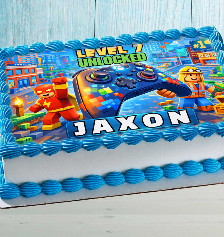 Editable gaming birthday cake topper with colorful game controller and pixel city background, personalized name and age, kids party cake design