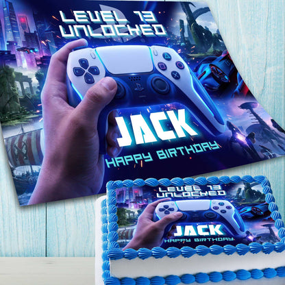 Gaming cake topper digital design and finished cake example, personalized level unlocked birthday theme