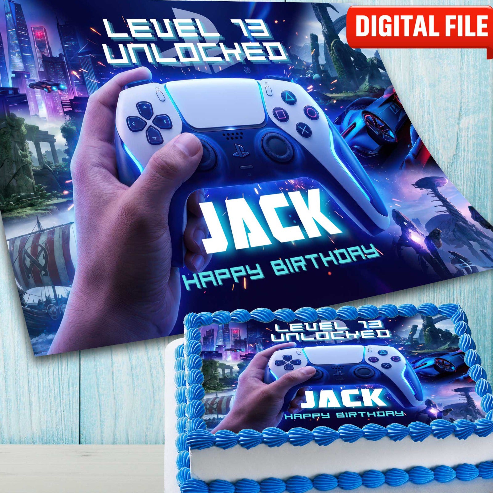Gaming birthday cake topper digital file, editable Canva template with custom name and level unlocked design