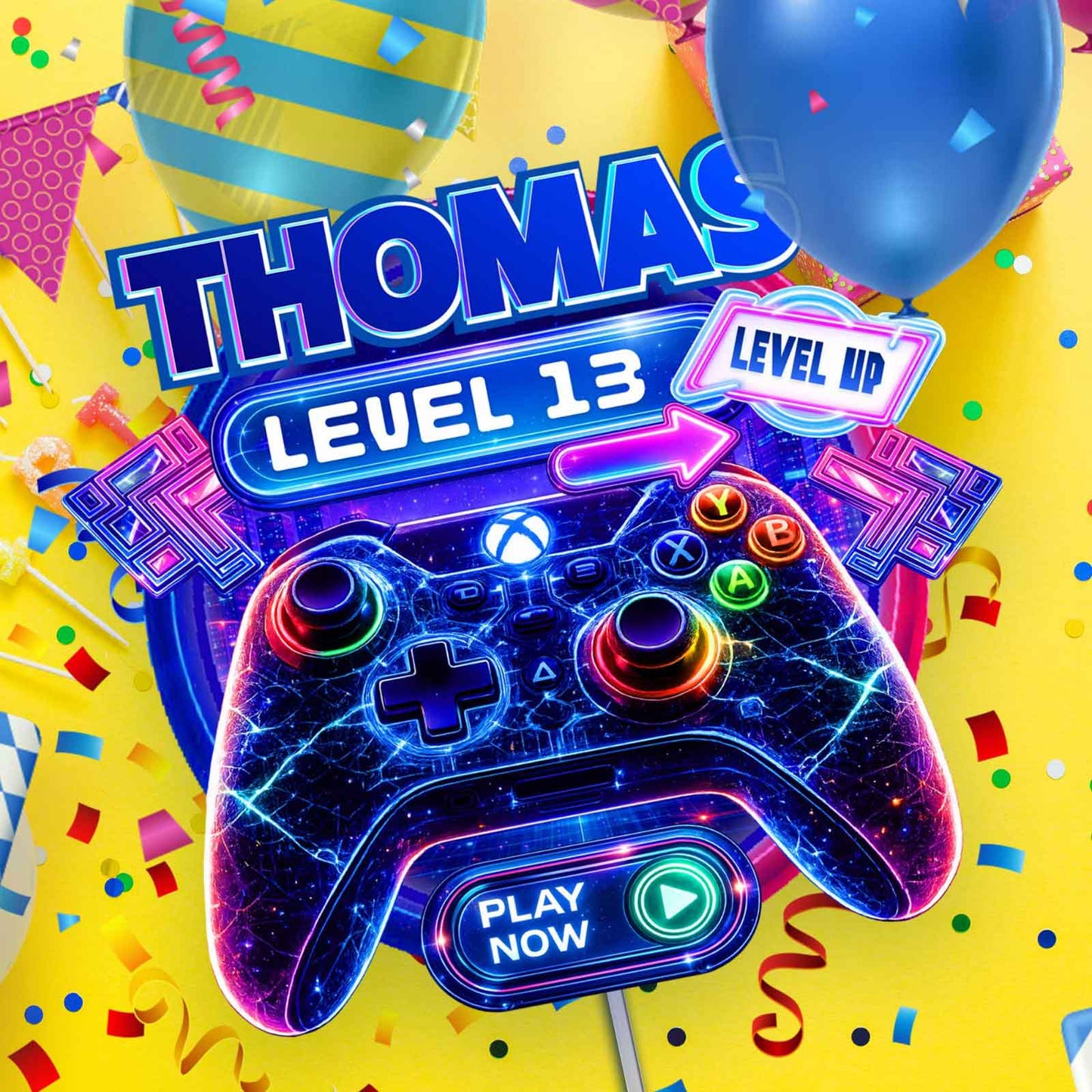 Level Unlocked gaming cake topper design with neon game controller, personalized name and age
