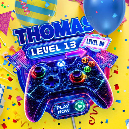 Level Unlocked gaming cake topper design with neon game controller, personalized name and age