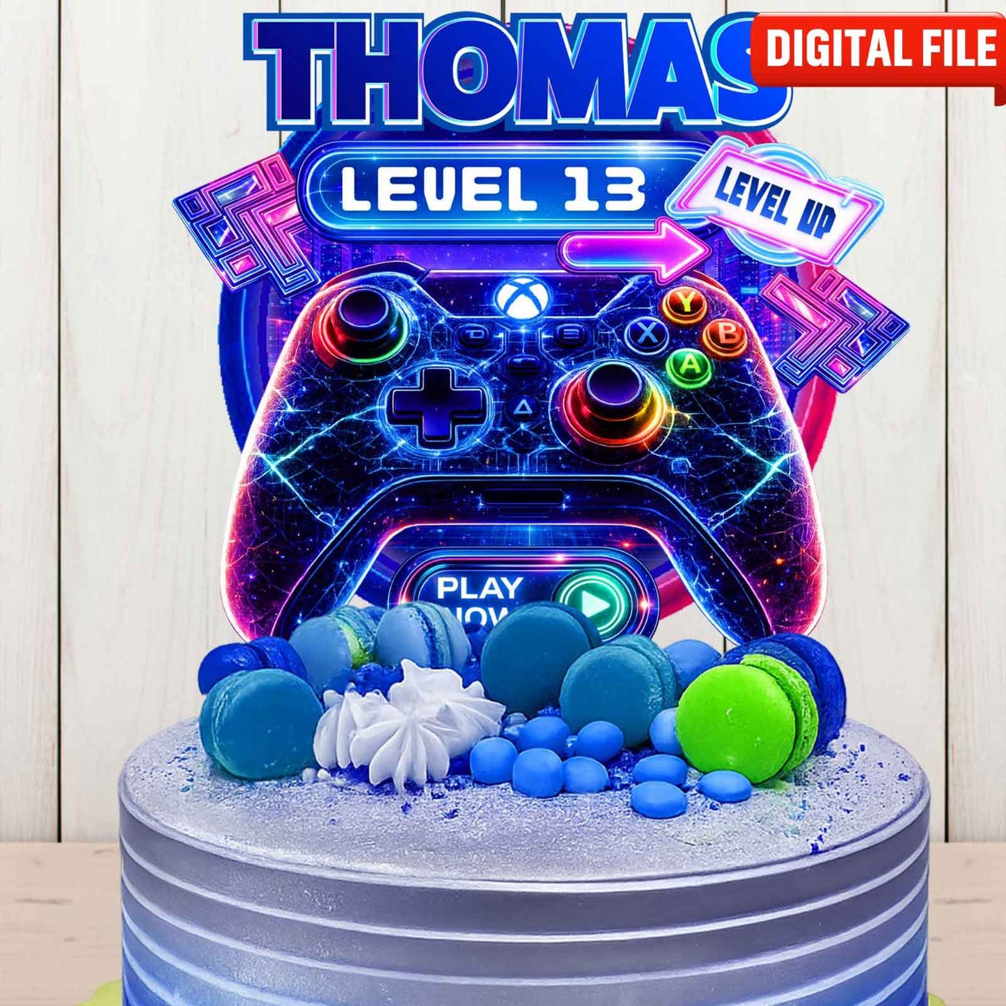 Colorful gaming birthday topper design with game controller, level up theme and party background
