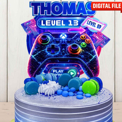 Colorful gaming birthday topper design with game controller, level up theme and party background