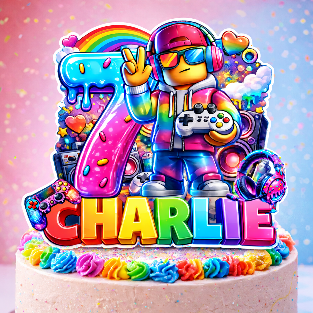Gaming Birthday Cake Topper – Personalized Rainbow Gamer Party Decoration with Name & Age