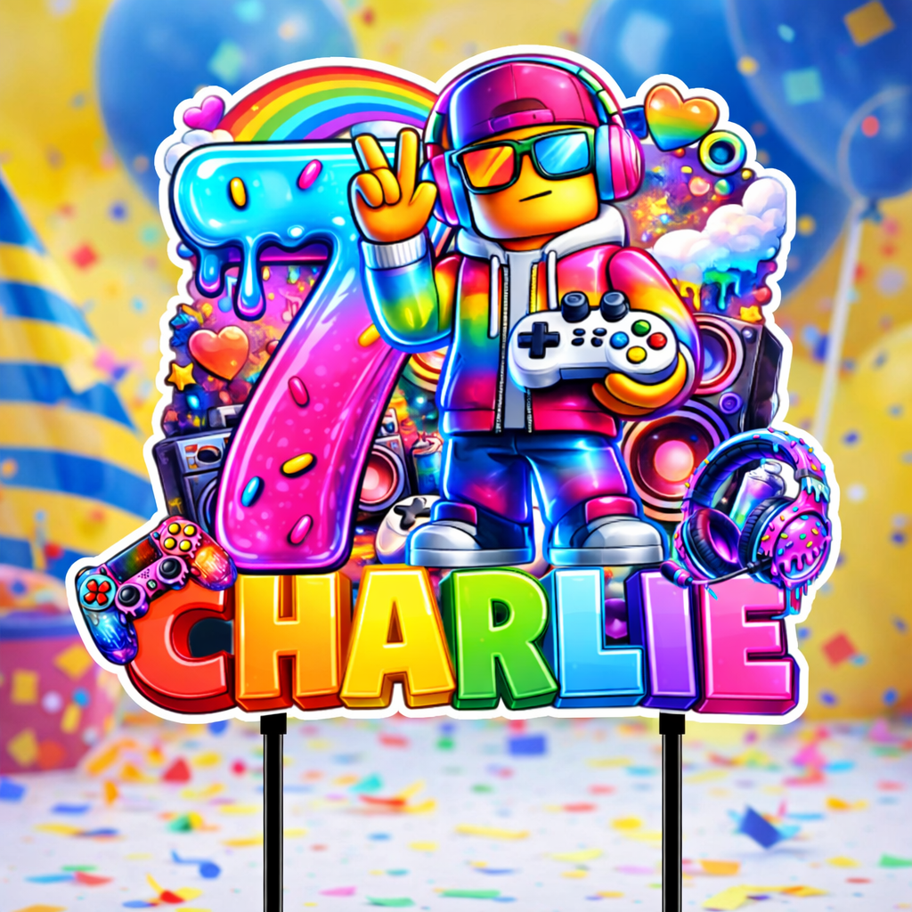 Gaming Birthday Cake Topper – Personalized Rainbow Gamer Party Decoration with Name & Age