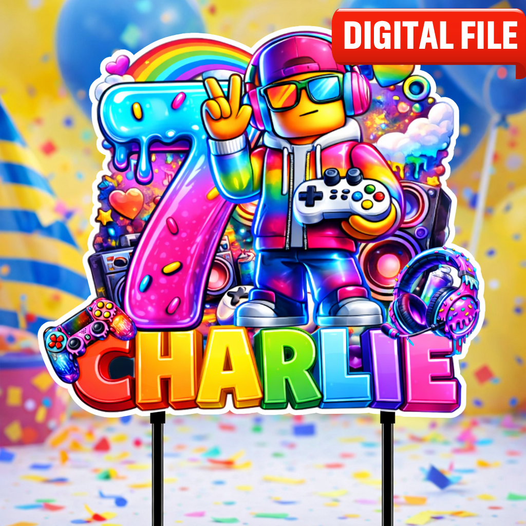 Gaming Birthday Cake Topper – Personalized Rainbow Gamer Party Decoration with Name & Age