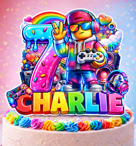 Gaming Birthday Cake Topper – Personalized Rainbow Gamer Party Decoration with Name & Age