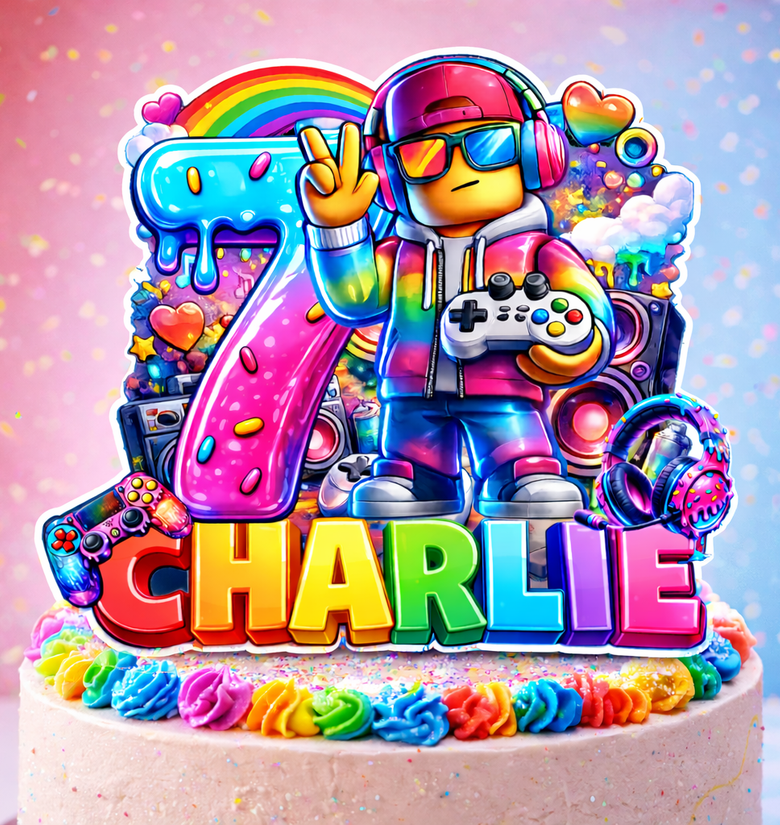 Geburtstagstortenaufsatz für Gamer – Personalisierte Regenbogen-Partydekoration mit Namen und Alter