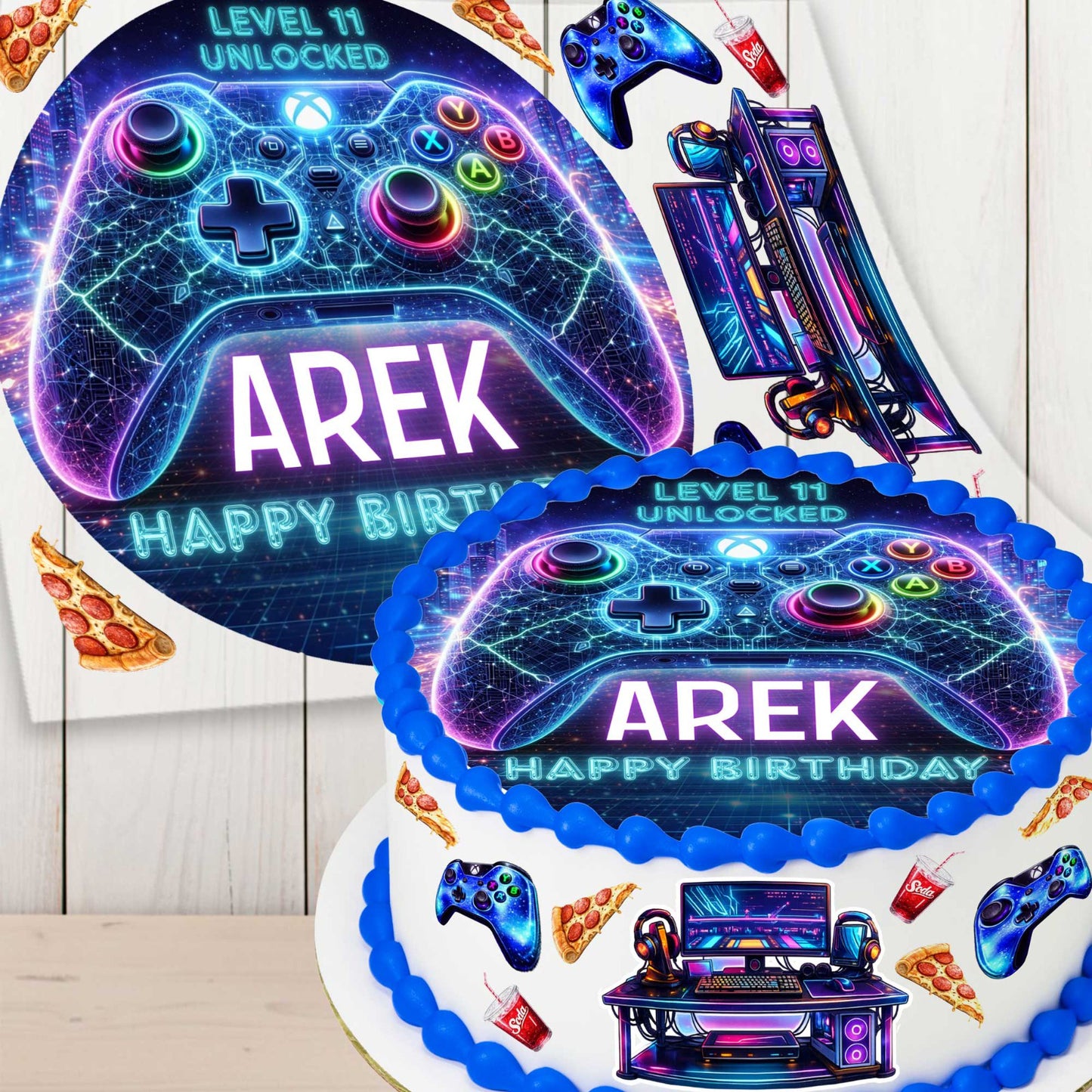 Neon gamer cake topper with glowing game controller, personalized birthday design for kids