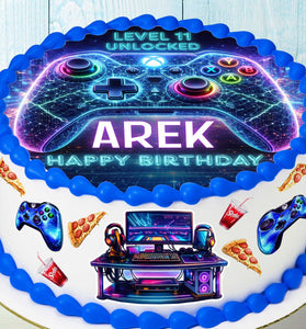 Gaming birthday cake with neon controller topper, Level 11 Unlocked design, personalized name and age