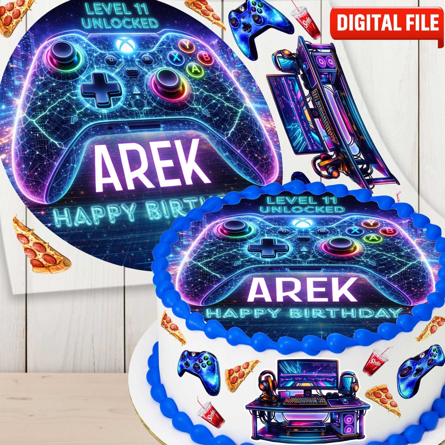 Gaming birthday cake toppers set with neon controller, desk setup and gamer icons, editable design