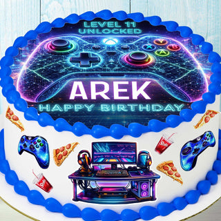 Gaming birthday cake with neon controller topper, Level 11 Unlocked design, personalized name and age