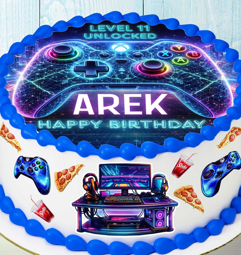 Gaming birthday cake with neon controller topper, Level 11 Unlocked design, personalized name and age